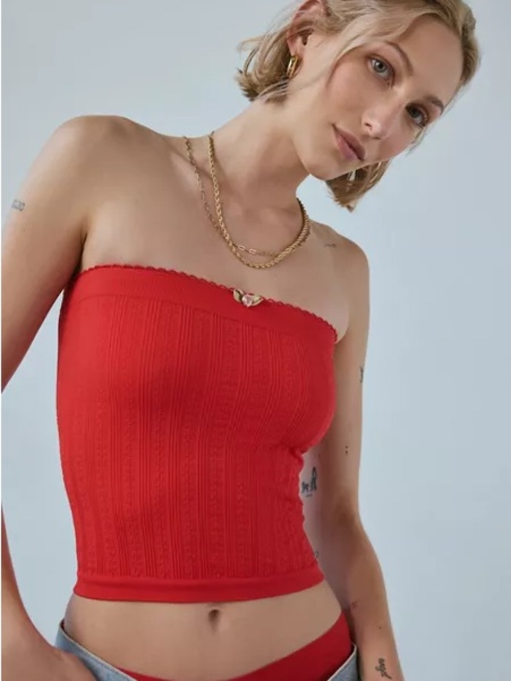 UO Out From Under Sweet Pea Pointelle Seamless Tube Top | Red | XS/S